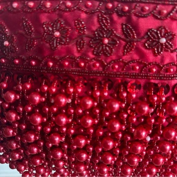 Vintage Red Beaded Evening Bag | Beaded Fringe Statement Purse - Picture 13 of 16